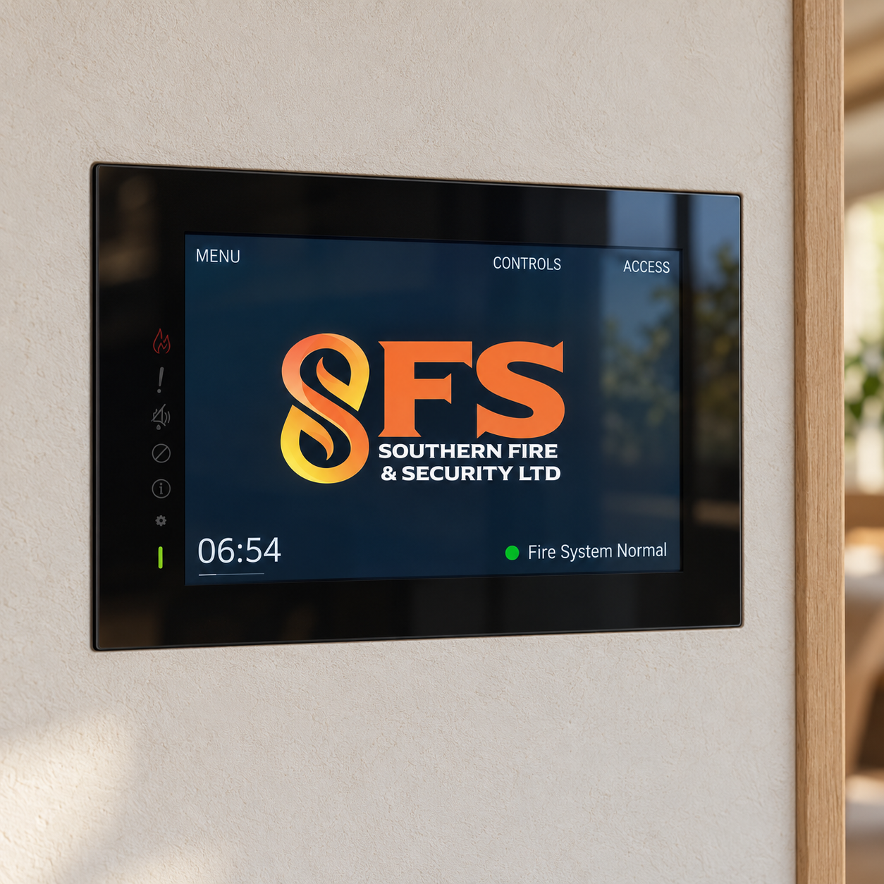 Fire alarm touchscreen flush-fitted into a wall with Southern Fire and Security branding