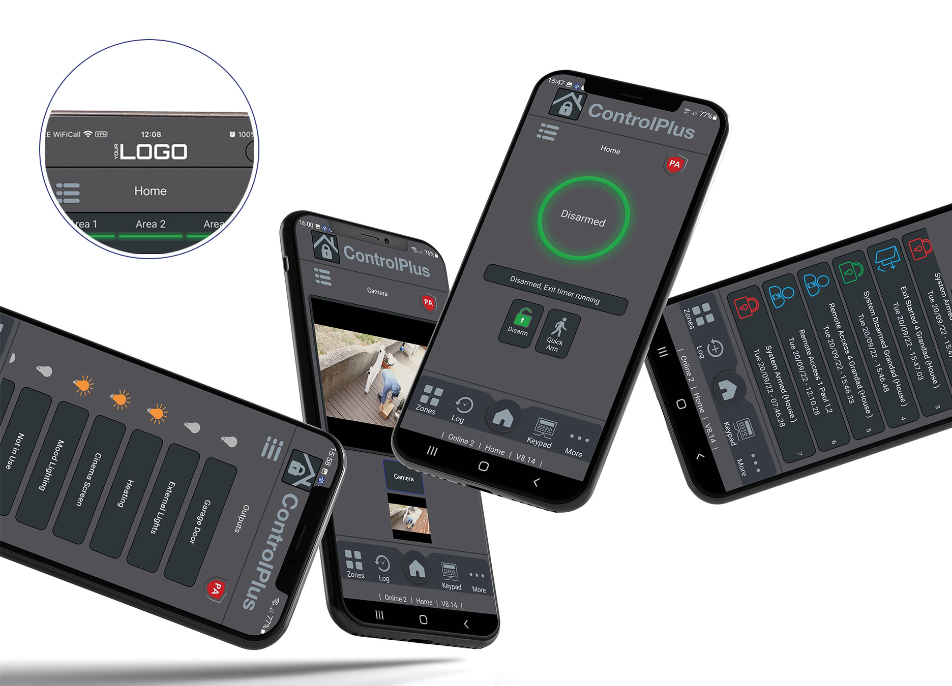 Orisec ControlPlus2 app showing alarm status and event screens on smartphones